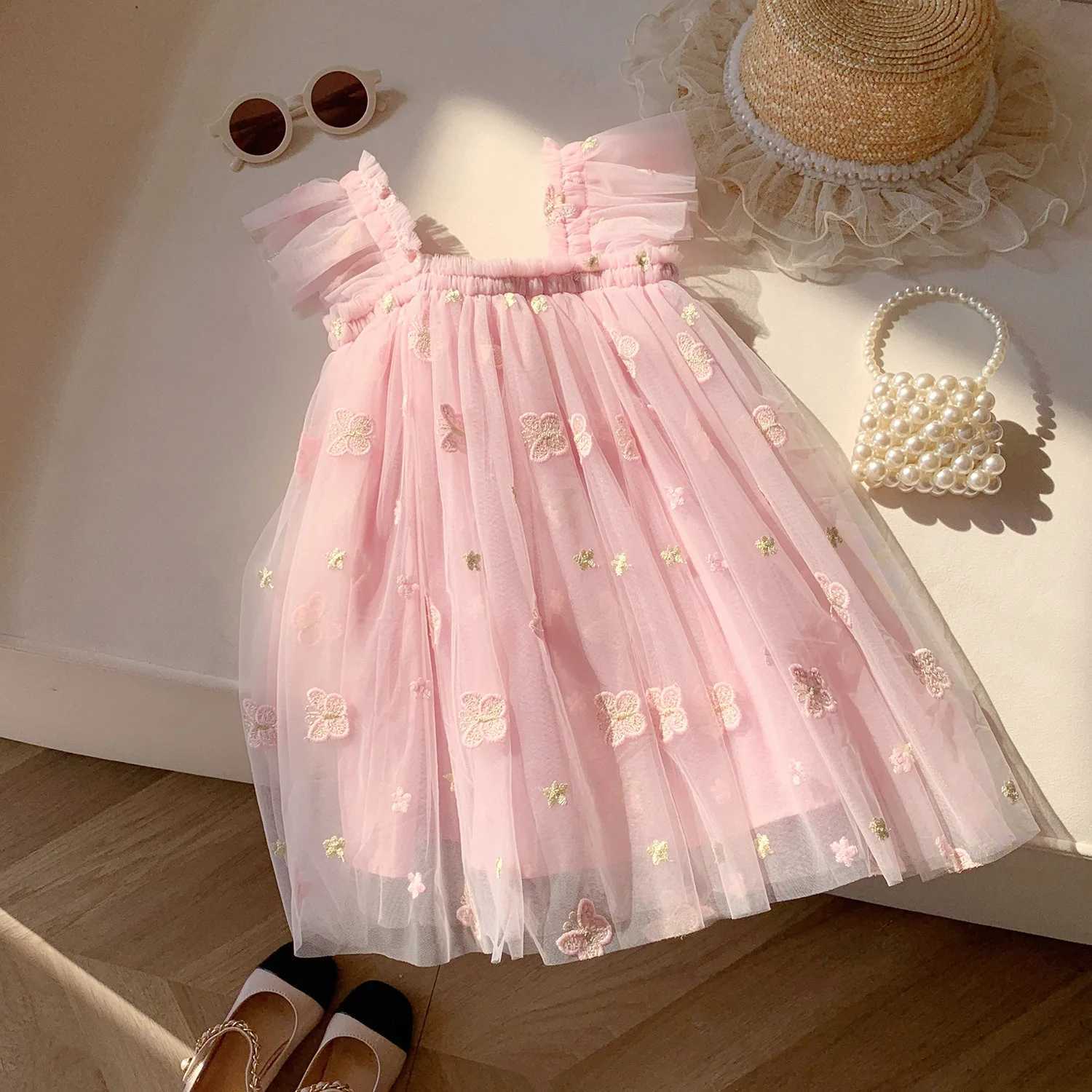 Summer New Baby Girls Pink Dress Casual Costume for 2025 Birthday Princess Party Dress Embroidered Butterfly Mesh Toddler Dress X250528