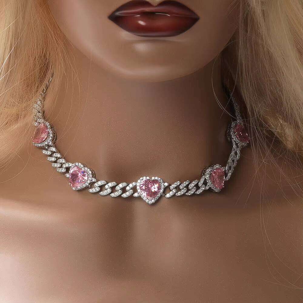 DHCollections Heart Pink Stone Cuban Chain Necklace and Bracelet Set Gold Iced Out HipHop Jewelry for Women