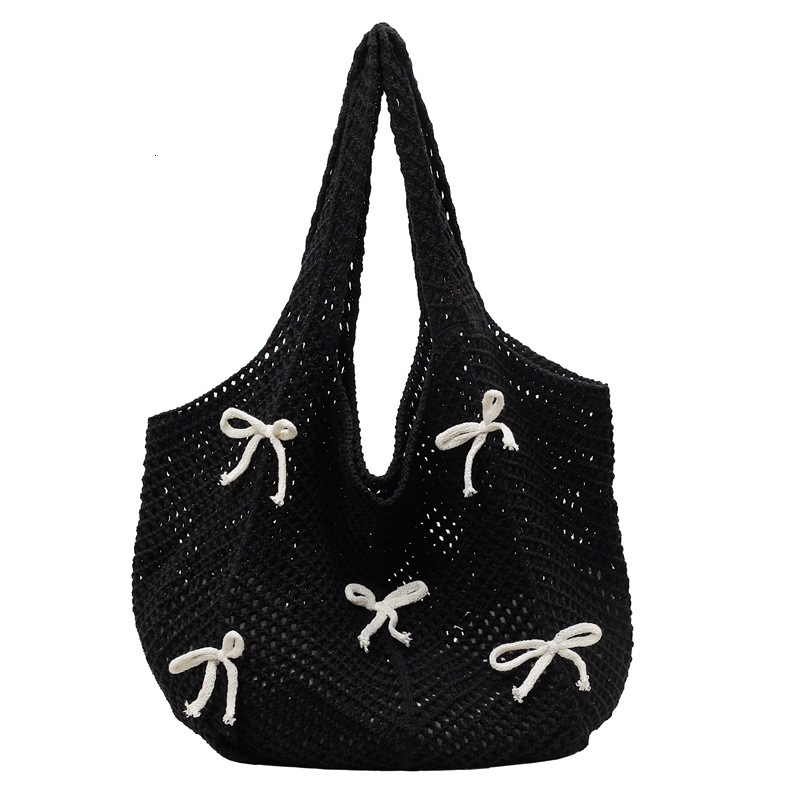 2025 New Summer Fashion Knitted Designer Women's Hollow Handbag New Fashion Knitted Bow Beach Shoulder Bag Trend