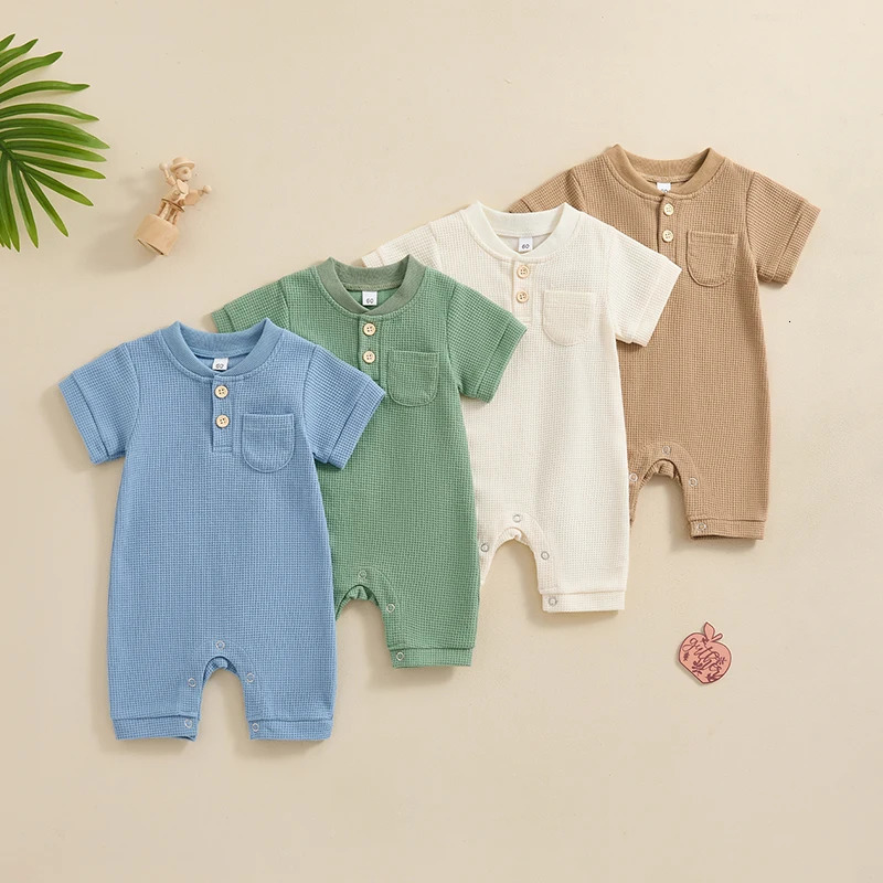 -04-03 Lioraitiin born Baby Boy Jumpsuit Summer Short Sleeve Solid Color Button Romper Waffle Playsuit 250528