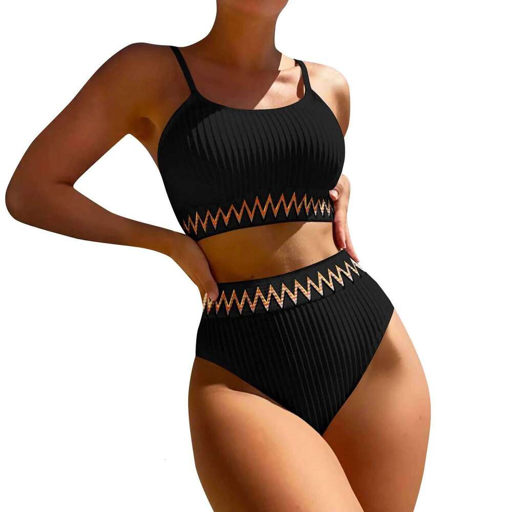 Women's High-Waisted Bikini with Stylish Stripe Design - Trendy Swimwear Set