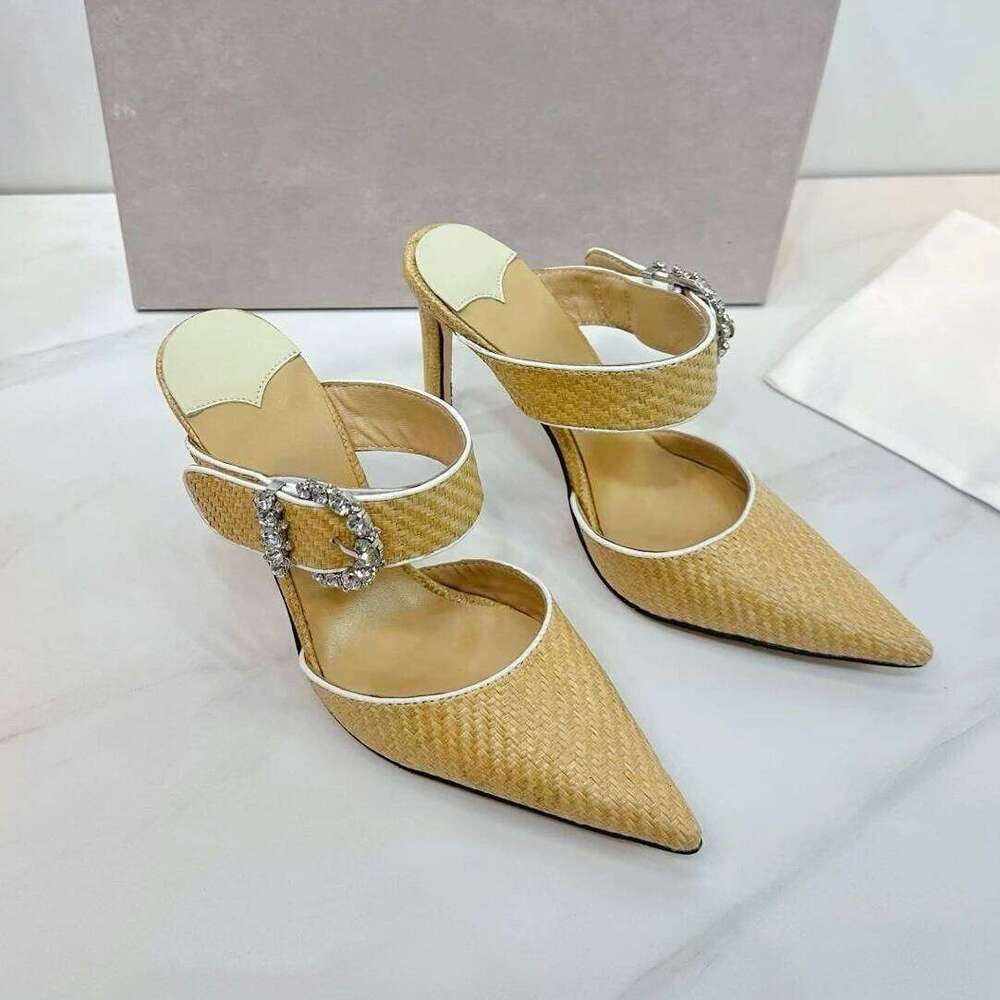Top Version 2025 New Dia Buckle Rafi Grass Braided Pointed-Toe Slim High Heel Half Slippers Mules Shoes Bota Feminina