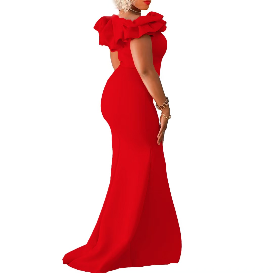 Plus size evening dresses 2025 new solid color long dresses fishtail dresses with ruffle trim slim fit skirts