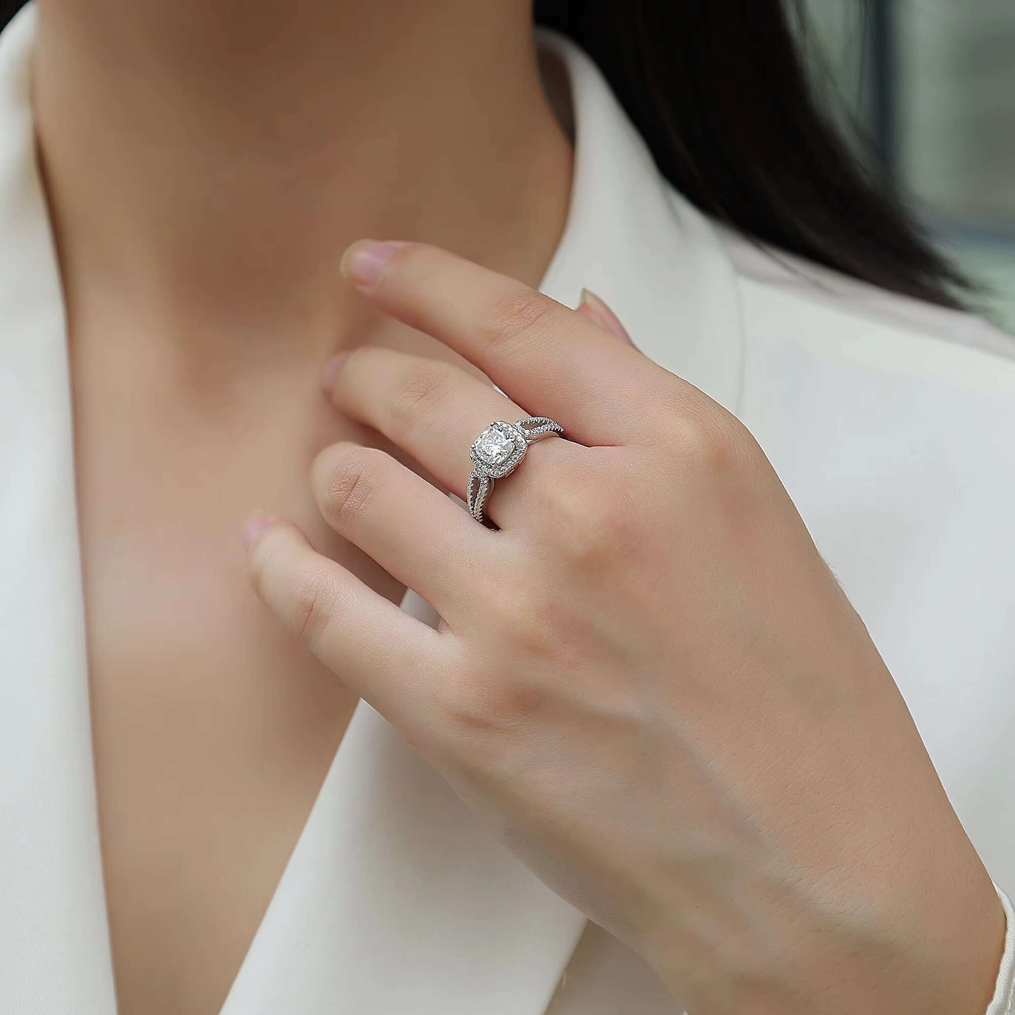 VANFI Ladies 925 Sterling Silver Square Moissanite Jewelry Ring
