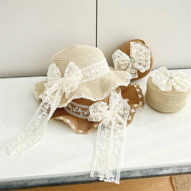 Kids Baby Girls Sun Hat And Straw Beach Bag Set with Elegant Lace Bowknot Trim Wide Brim for Vacation Beach Toddlers 2pcs 250527