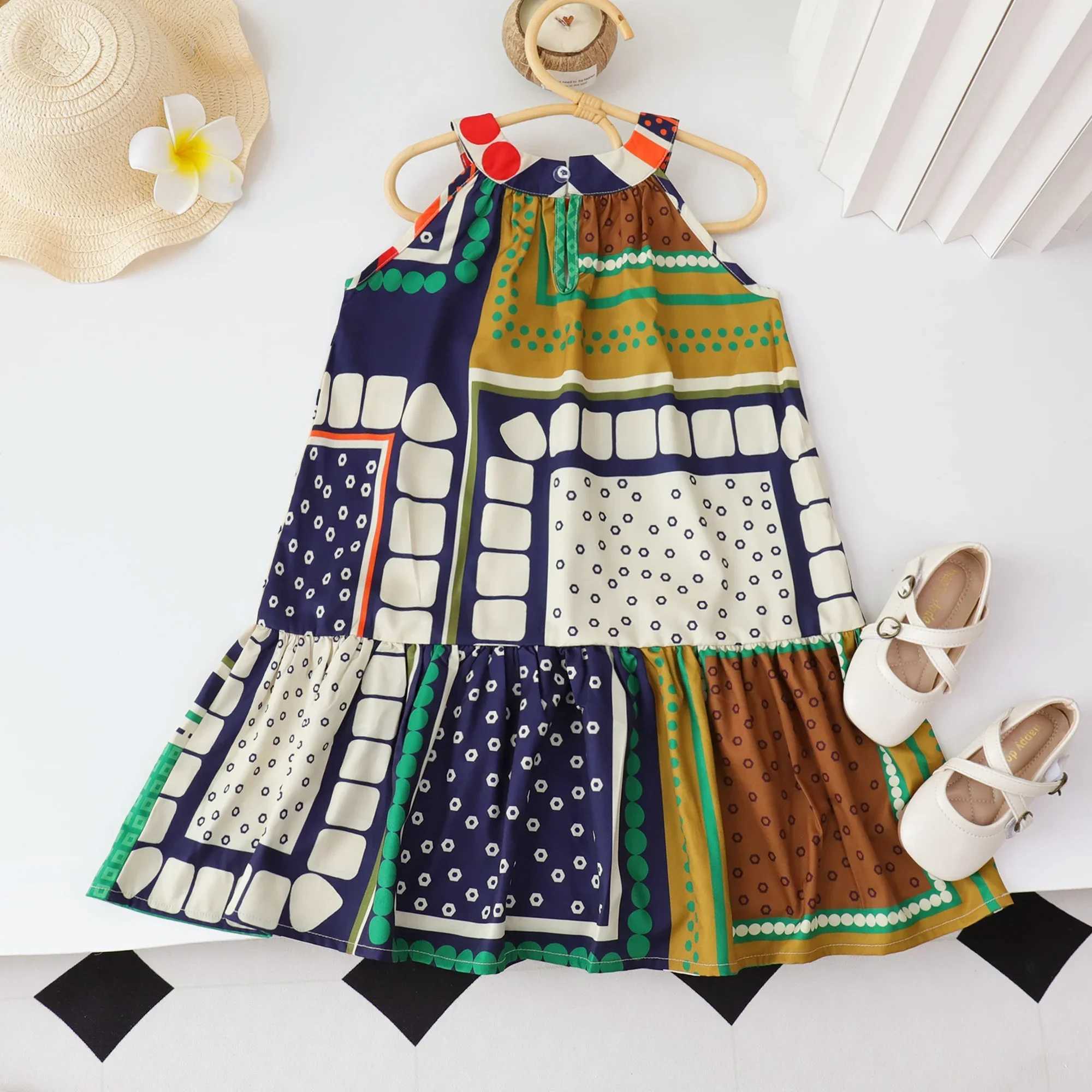Summer Girls Clothing Geometric Pattern Hanging Neck Dress Sleeveless Strap Spliced Dress Kids Dresses for Girls X250528