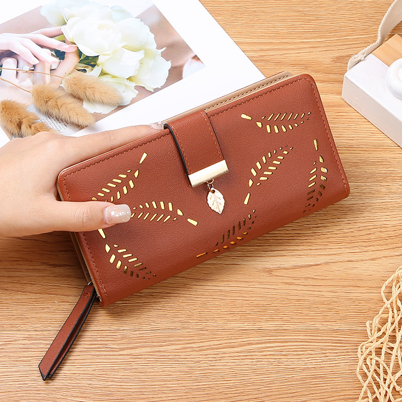 Free Shipping Designer Wallet 2025 New Women's Hollow Leaf Handbag Leather Korean Zipper Card Bag Long Phone Bag