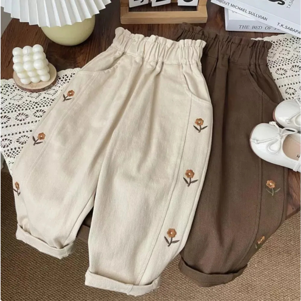 5396-1 Children Pants 2025 Spring and Autumn Girls Casual Pants Flower Embroidery Fashion Trousers 250528