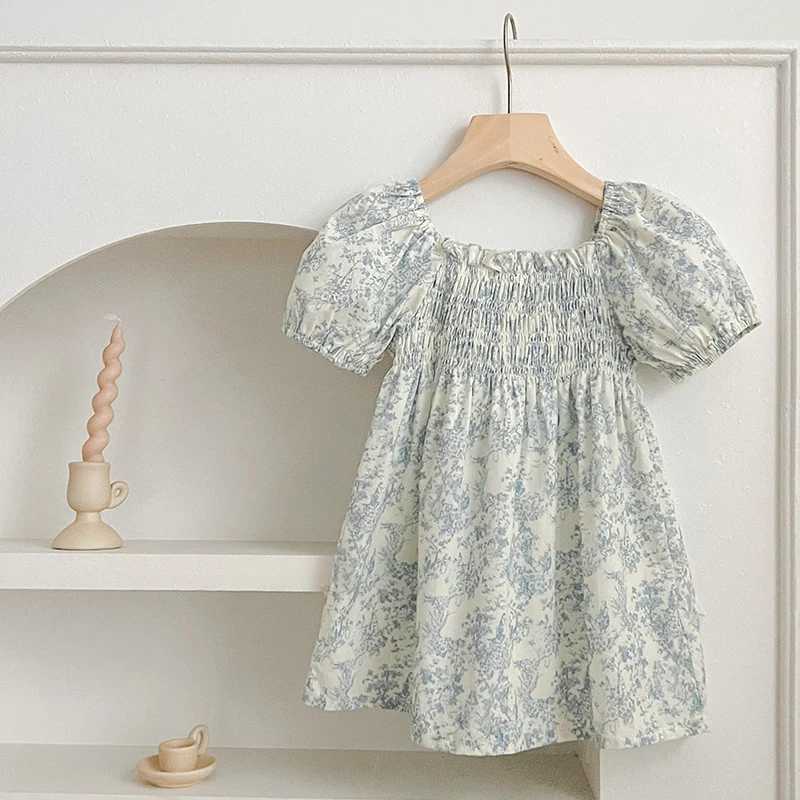 New Summer Clothes Baby Girls Princess Dresses Puff Sleeve Blue Flower Toddlers Vacation Kids Cotton Cute Dress Korean Style X250528