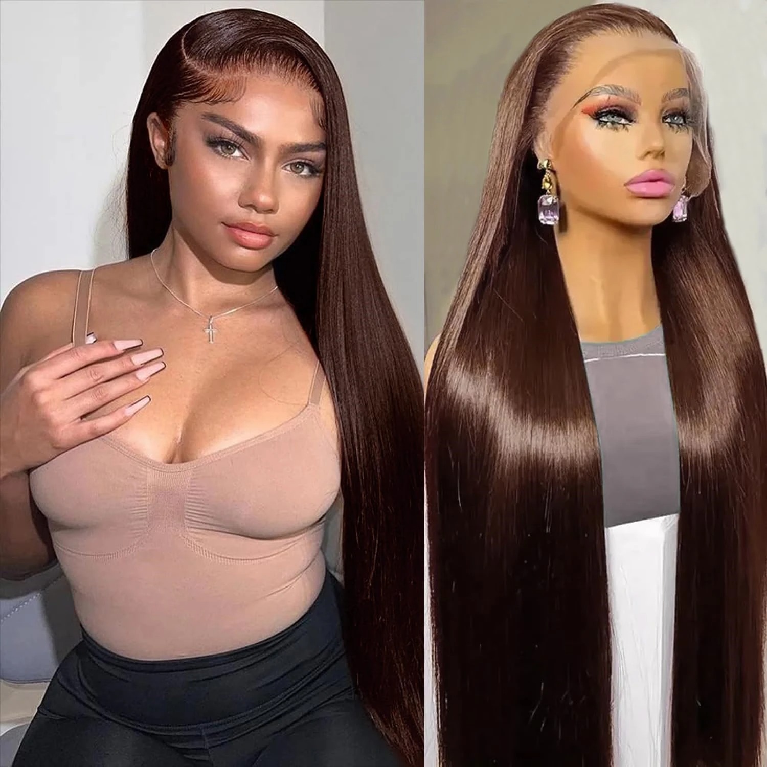 Chocolate Brown Straight 13x4 Transparent Lace Frontal Wig 200 Density Closure Wigs Human Hair Pre Plucked Colored synthetic lace front wigs