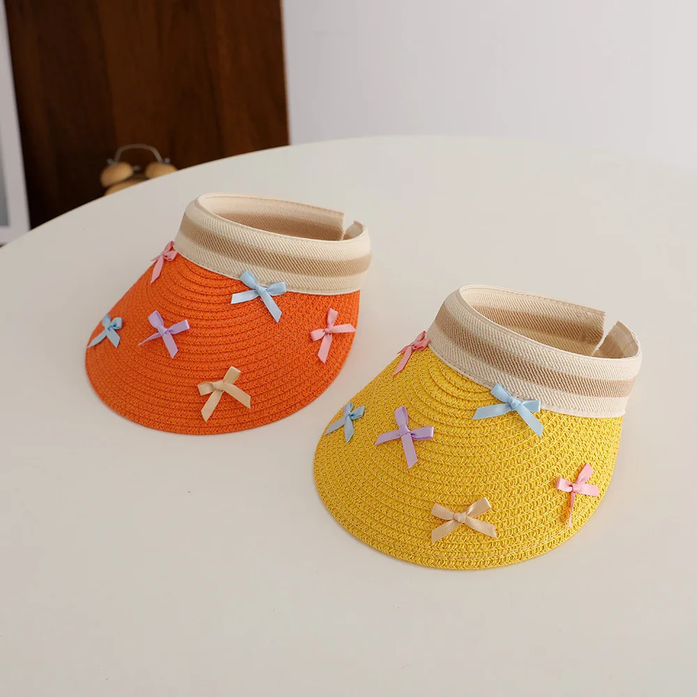 Girl Baby Summer Straw Hat Casual Bowknot Large Brim Sun Visor Cap Outdoor Beach Sunscreen Top Empty Sun Hats Cute Baseball Caps 250527