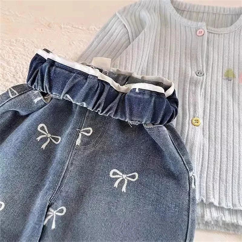 Spring Girls Jeans Children Bow Sweet Pants Casual Trousers Autumn Kids Loose Fashion Straight 12M6 Years Old 250528