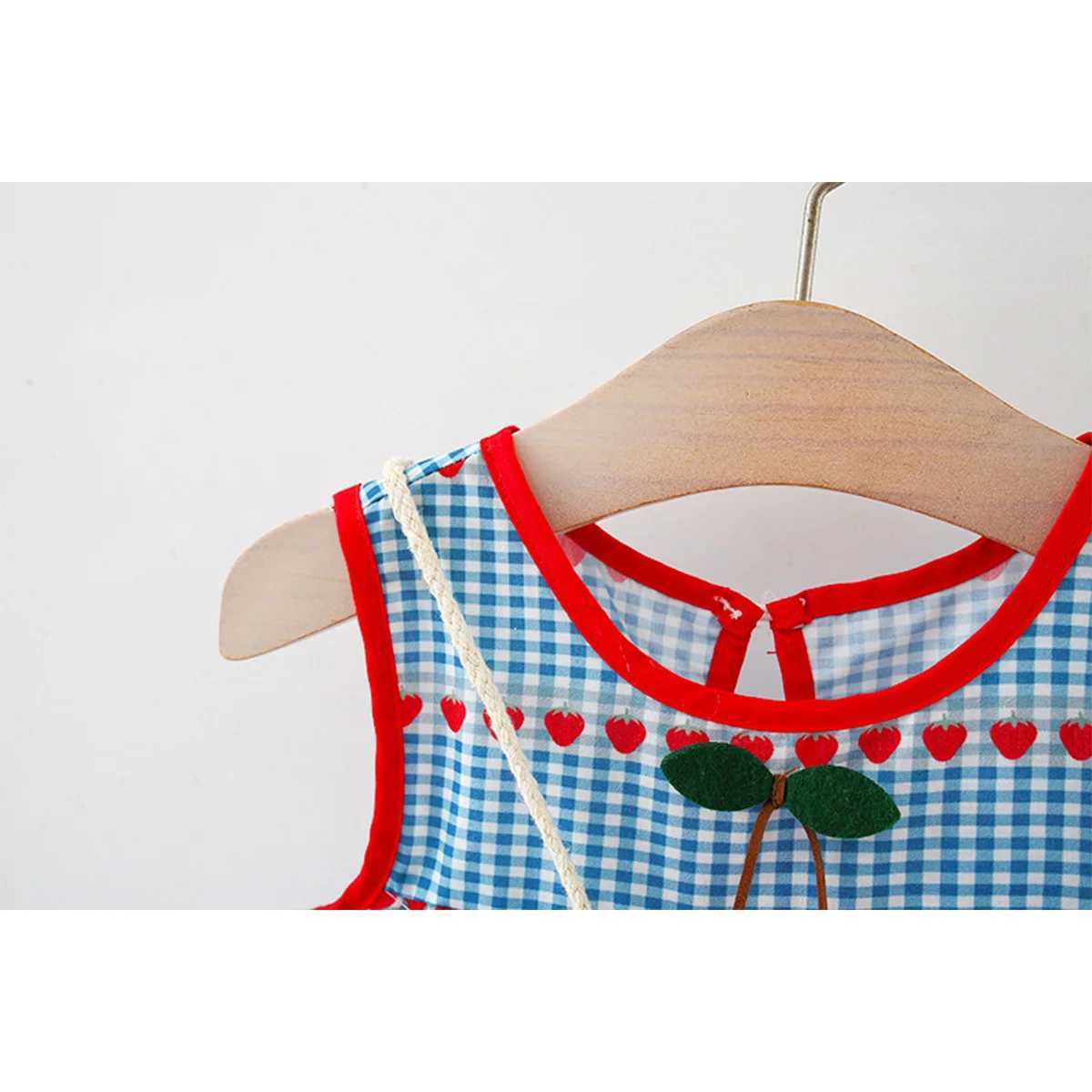 2 Pcs Baby Girls New Summer Dress with Sleeveless Round Neck Plaid Heart Cherry Cotton Skirt and Diagonal Cross Bag Included X250528