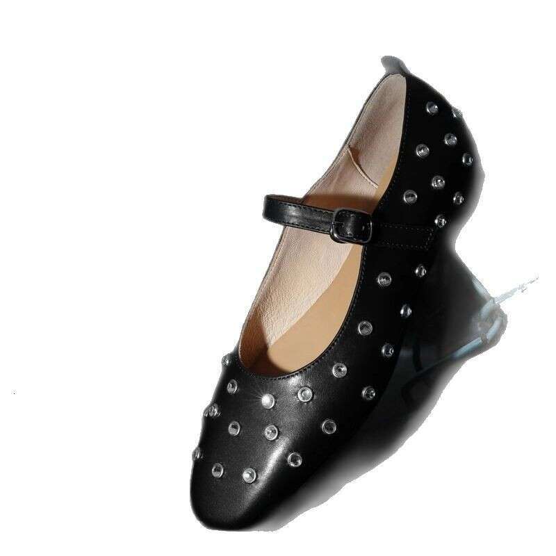 Super Comfortable French Style Square Toe One-Strap Mary Jane for Women Fashion Rivet Flat Versatile Rock Shoes
