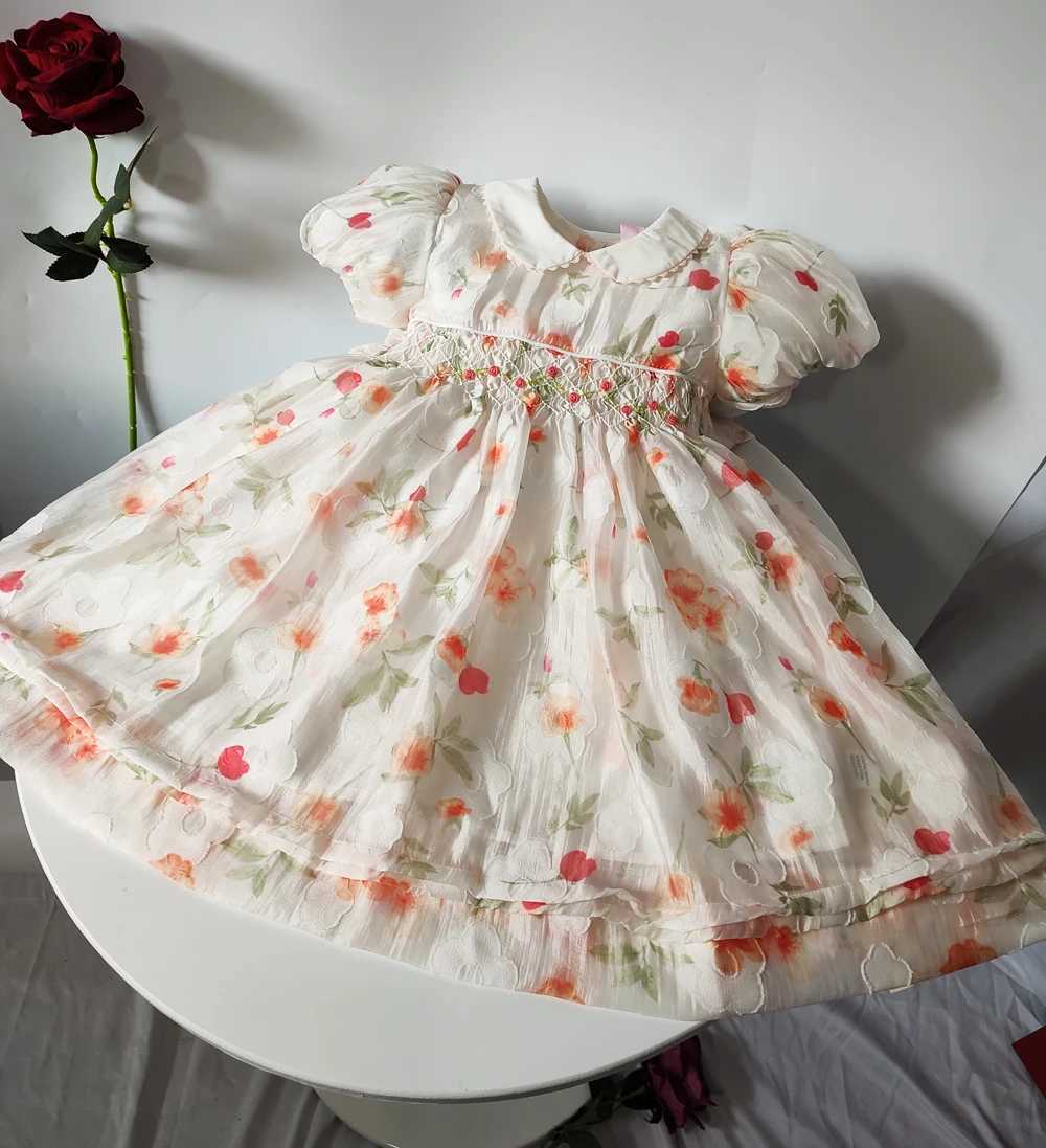 2025 Summer Girls Vintage Floral Smocked Dresses Girls Short Sleeve Embroidery Smock Dress For Party Birthday Children Vestidos X250528