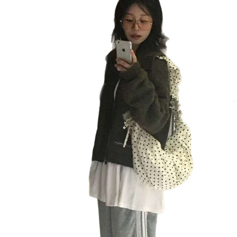Polka Dot Korean INS Niche Cute Lace-up Pleated Single Shoulder Crescent Saddle Bag Versatile Crossbody Handbag