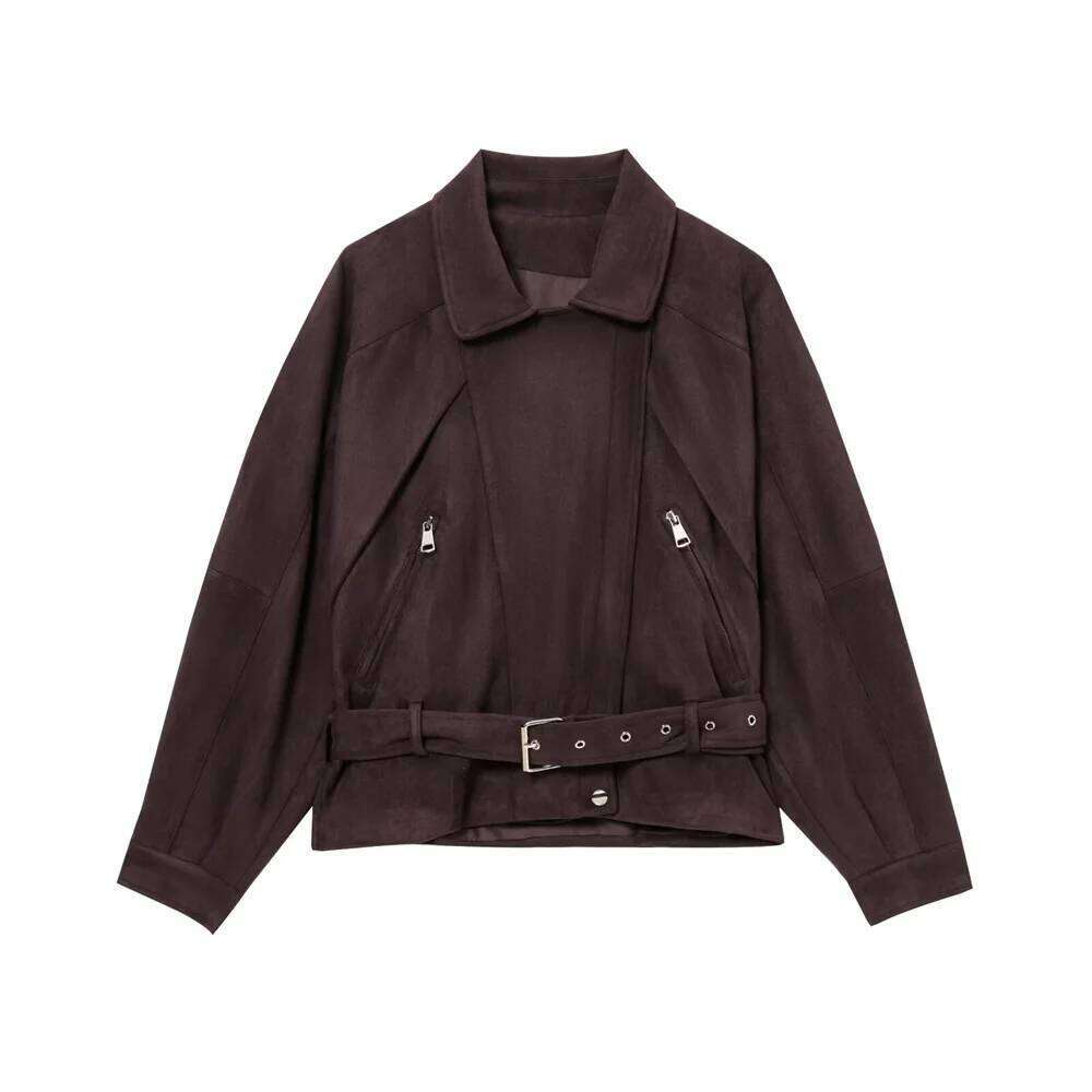 UNIZERA women's spring summer new fashion, simple and versatile suede motorcycle style jacket with belt
