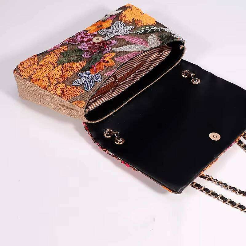 Handmade Embroidered Sequin Underarm Shoulder Bag,Summer Floral Niche Designer Hemp Woven Flap Bag,Exquisite Gorgeous Handbag
