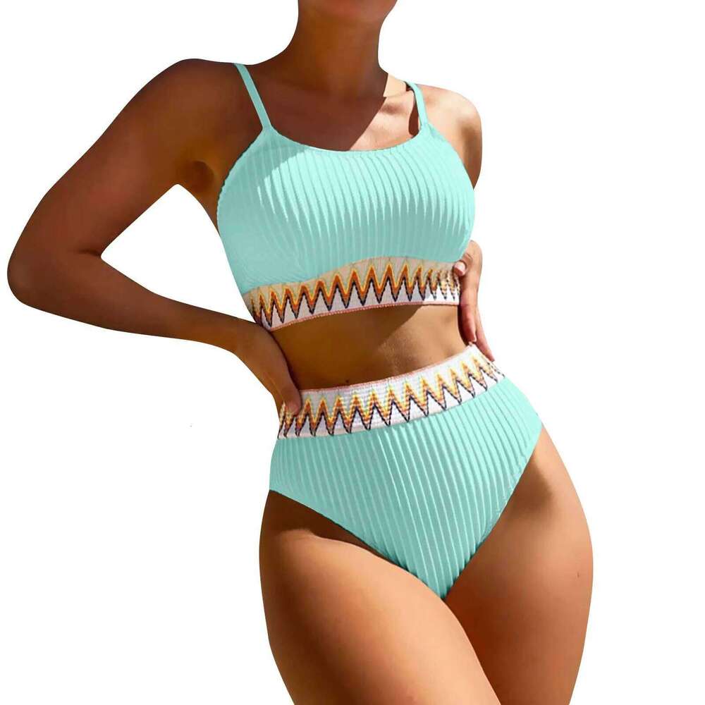 Women's High-Waisted Bikini with Stylish Stripe Design - Trendy Swimwear Set