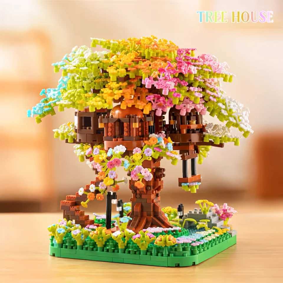 Mini Sakura Flower Building Blocks DIY Cherry Blossom Rainbow Treehouse Model Gift for Girls Kids Toys Free shipping