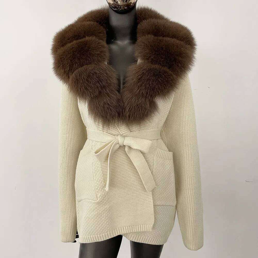 Knitting Cardigan Women Winter Real Fox Coat Long Sleeve Fashion Warm Female Hooded Natural Raccoon Fur Jacket Outwear