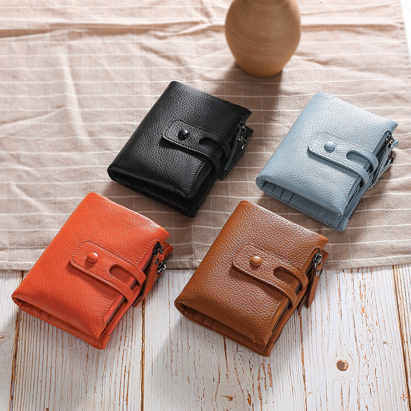 Free Shipping Popular Women's Short Soft Leather Designer Wallet Top Layer Cowhide Anti-theft Brush Double Zipper Card Bag ID Bag Coin Bag