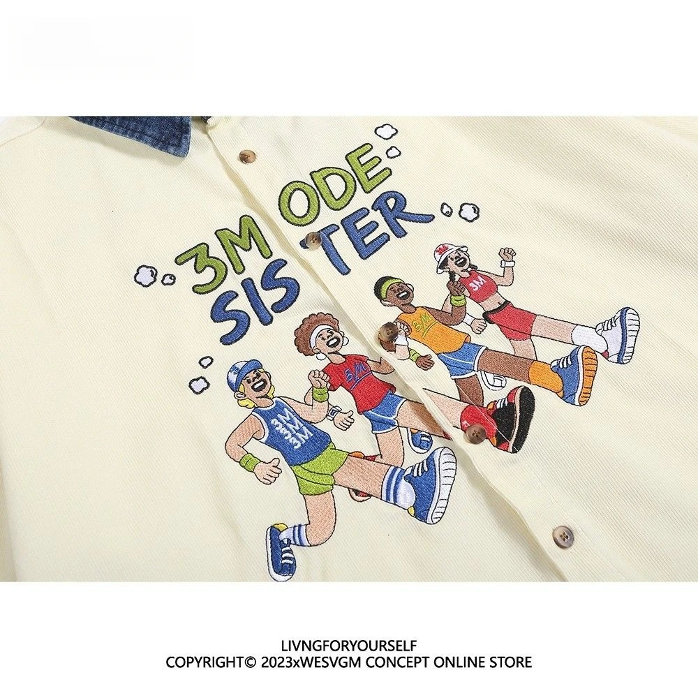 Summer American Retro Athlete Embroidered Spliced denim Neck Short-sleeved Shirt Men Women Loose Trendy Tops Aesthetic Chic 250527