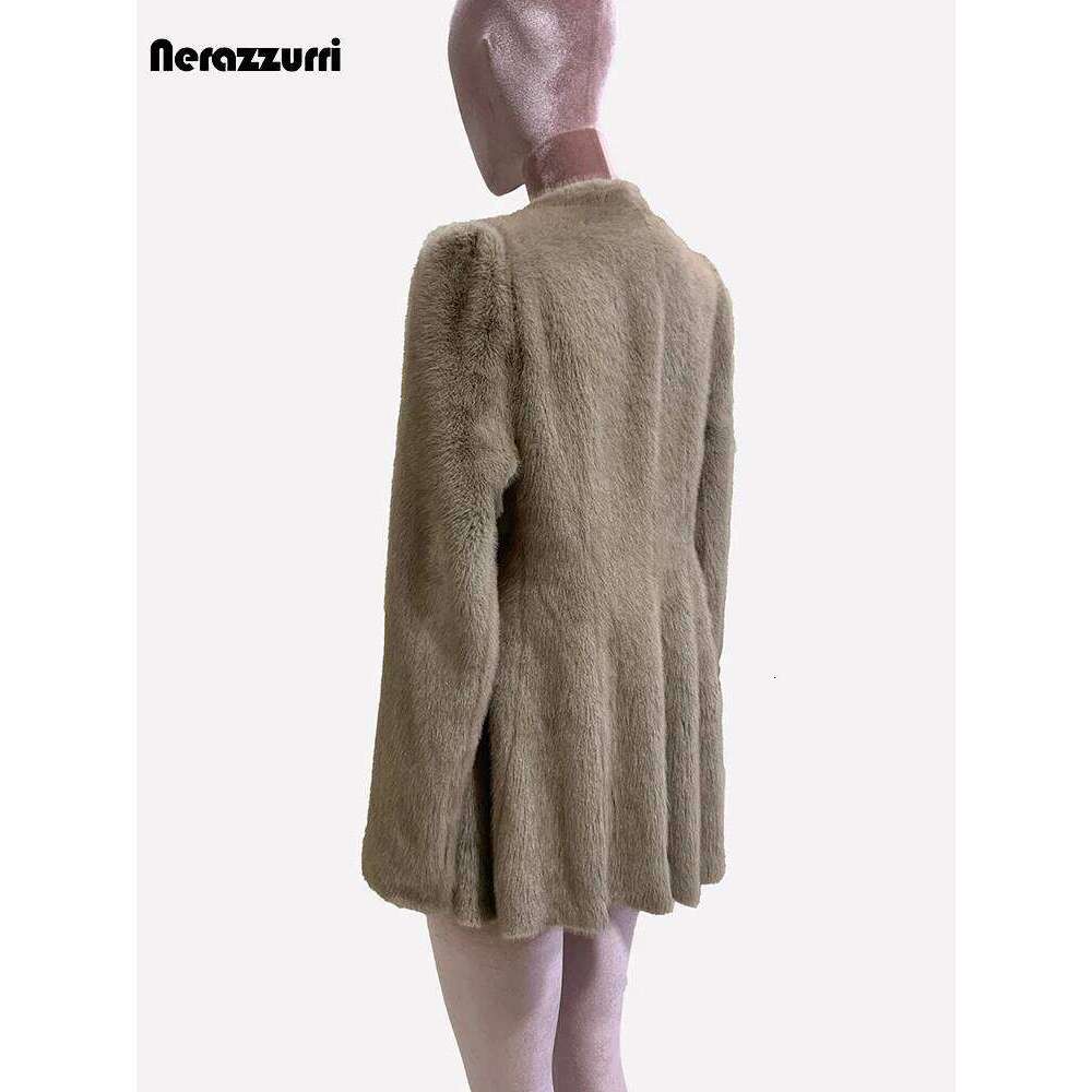 Nerazzurri Autumn Winter Elegant Chic Short Fitted Faux Fur Blazer Women Single Button Puff Sleeve Fluffy Jacket 2024