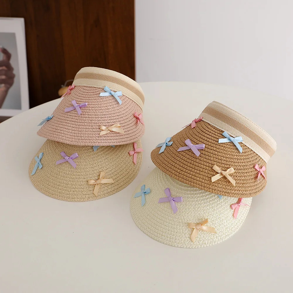 Girl Baby Summer Straw Hat Casual Bowknot Large Brim Sun Visor Cap Outdoor Beach Sunscreen Top Empty Sun Hats Cute Baseball Caps 250527