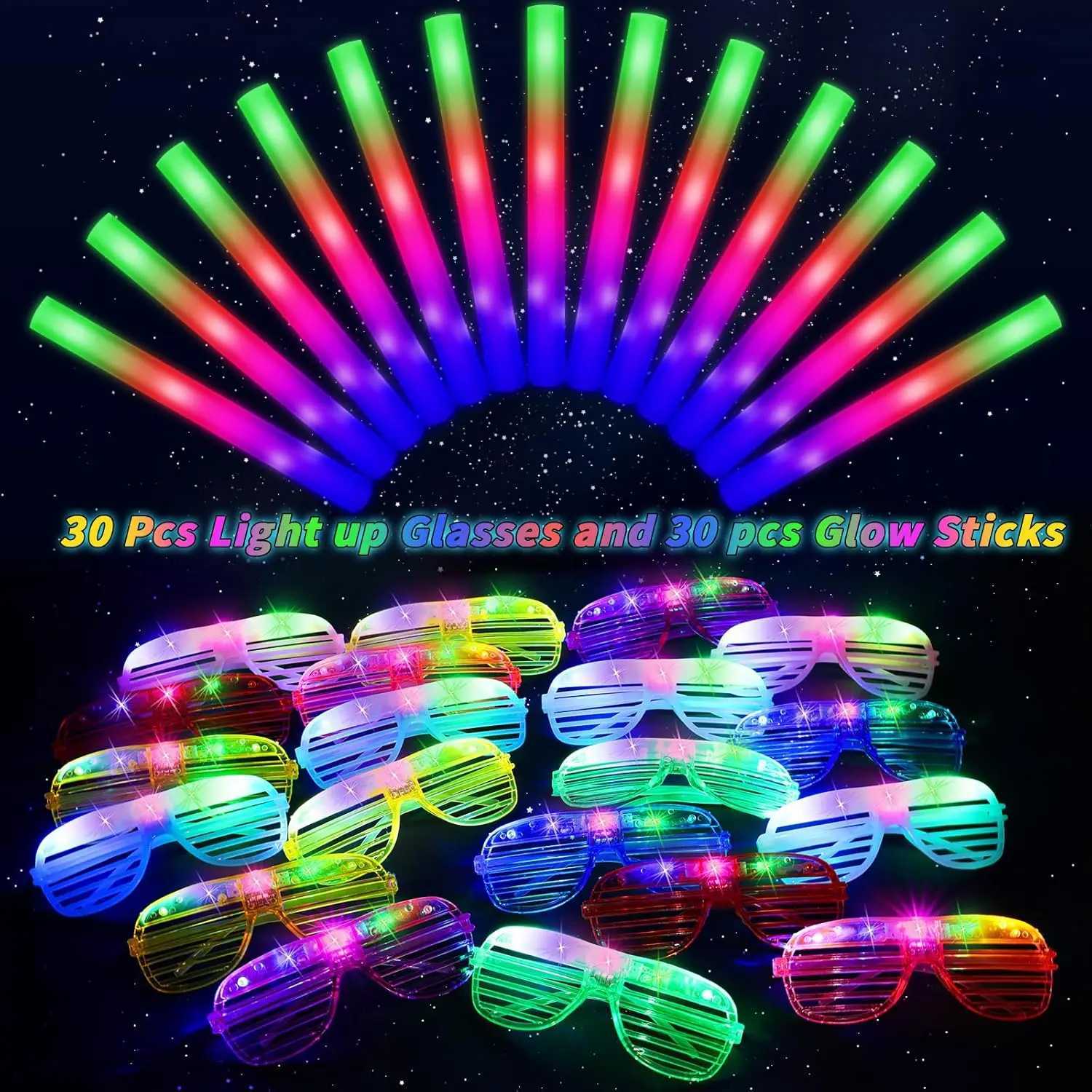 60-Pack LED Glow Party Set Glasses Foam Sticks Neon Favors for Disco Wedding Birthday Raves W250528