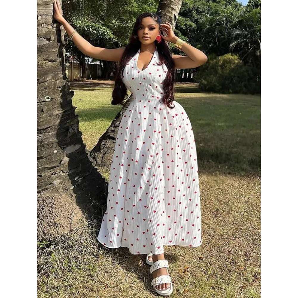 Women Sweetheart Print Halter Neck Maxi Long Dress 2025 Summer Beach Holiday Birthday Sexy Club Party Evening Dresses