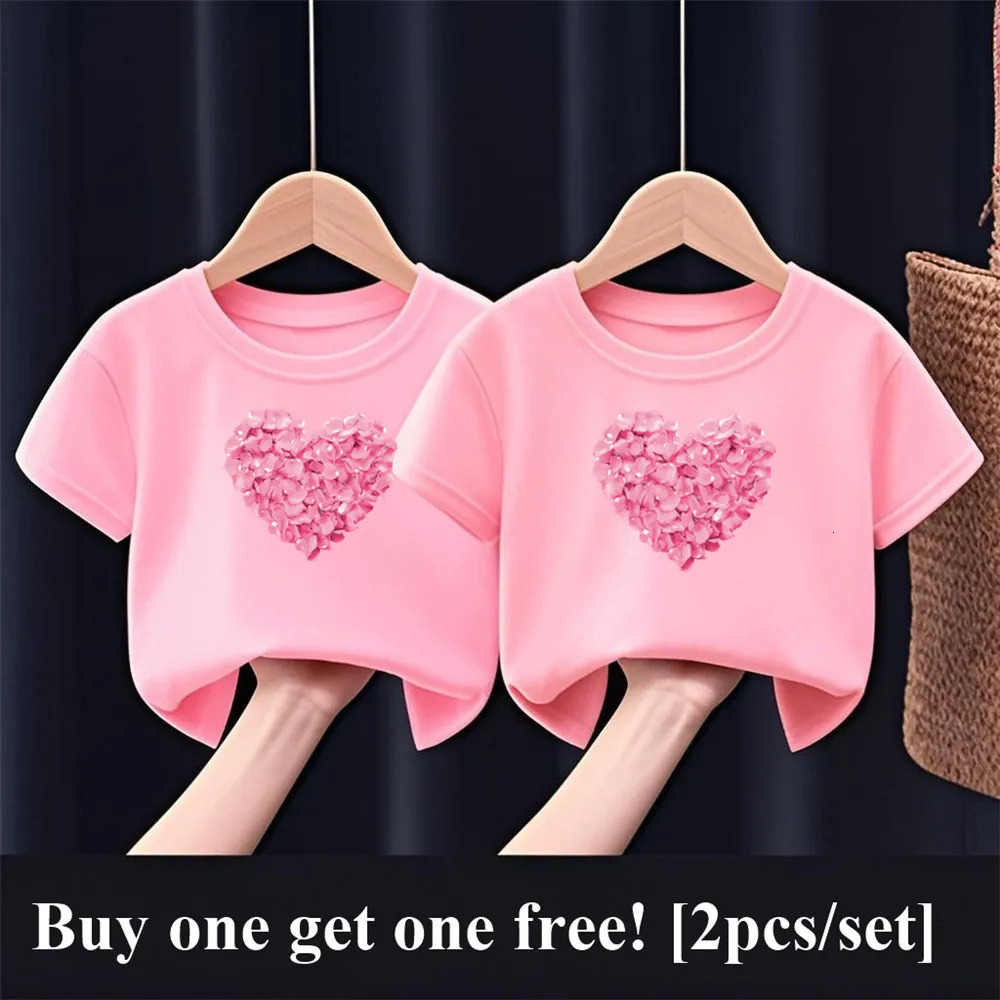 2pcsSet Girls Fashion Summer Friends T Shirt Heart Flower Tees Short Sleeve Sister Matching Outfit Kids Tops 250528