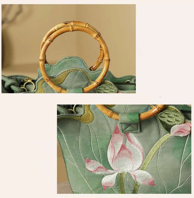 Women Cottagecore Floral Embroidery Stylish Green Shoulder Bag 2025 Female Chinese Vintage Retro Chic Designer Bamboo Handbag