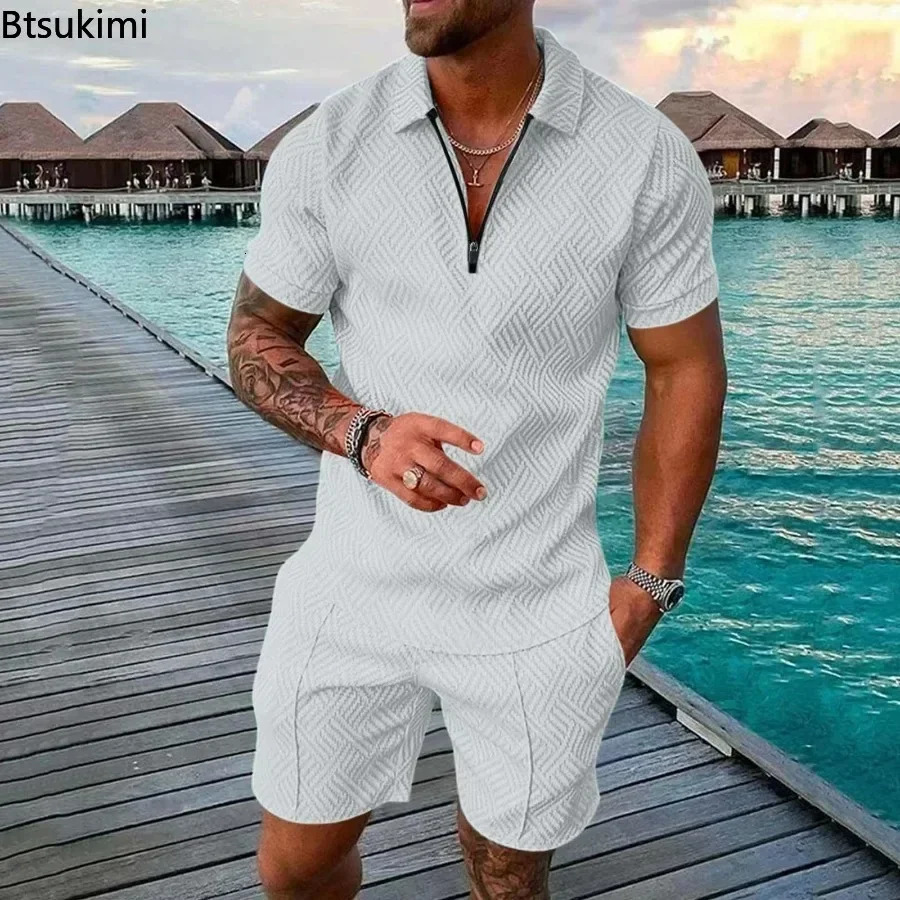 2025 Mens Polo Suit Fashion Men Sets Solid Summer Vneck Zipper Short Sleeve POLO ShirtShorts Two Pieces Casual 250522