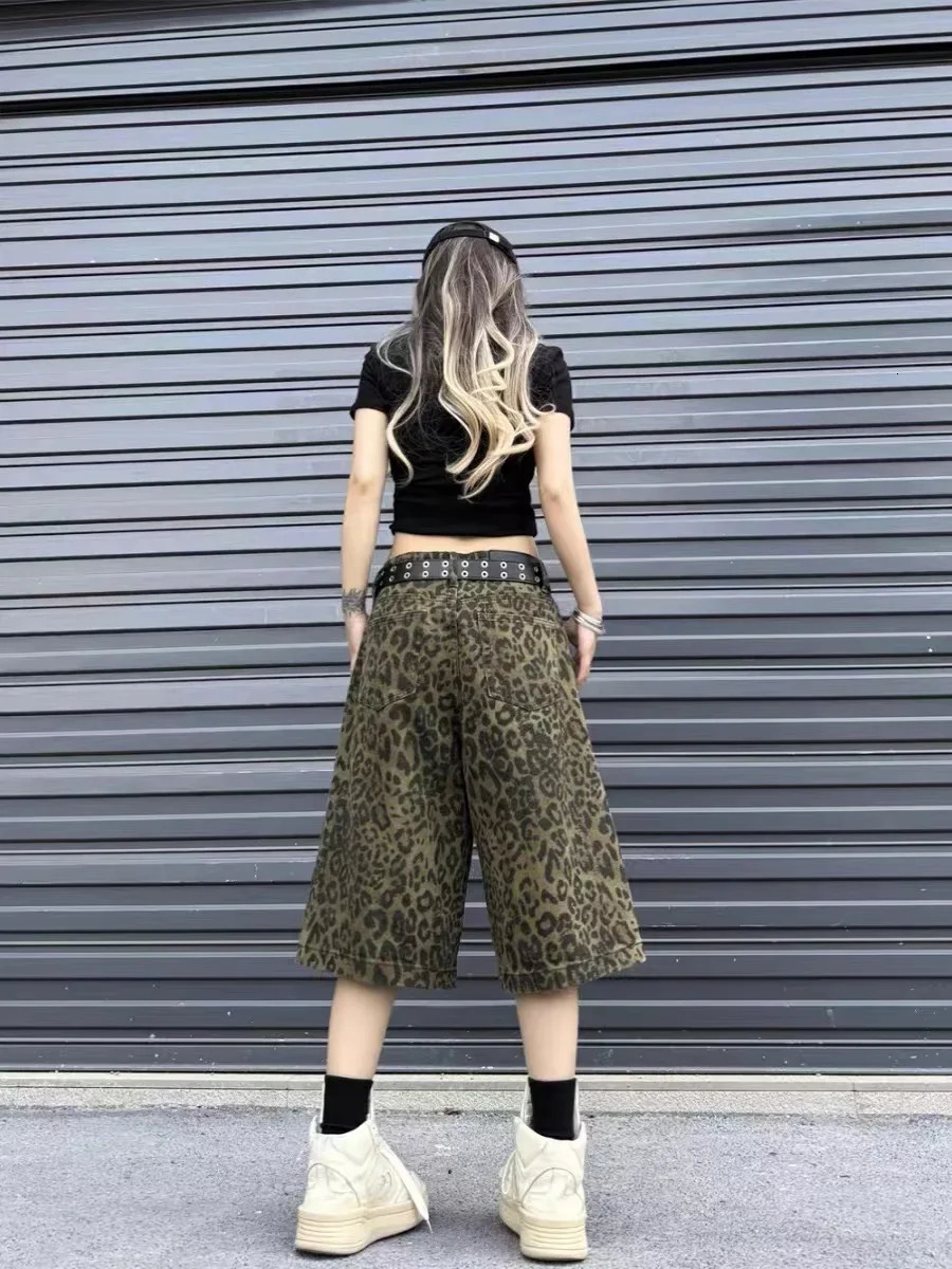 Vintage Leopard Print n Sevenpoint Trousers Street Personality Trendy Jeans Short High American Fashion Jean 250516Z