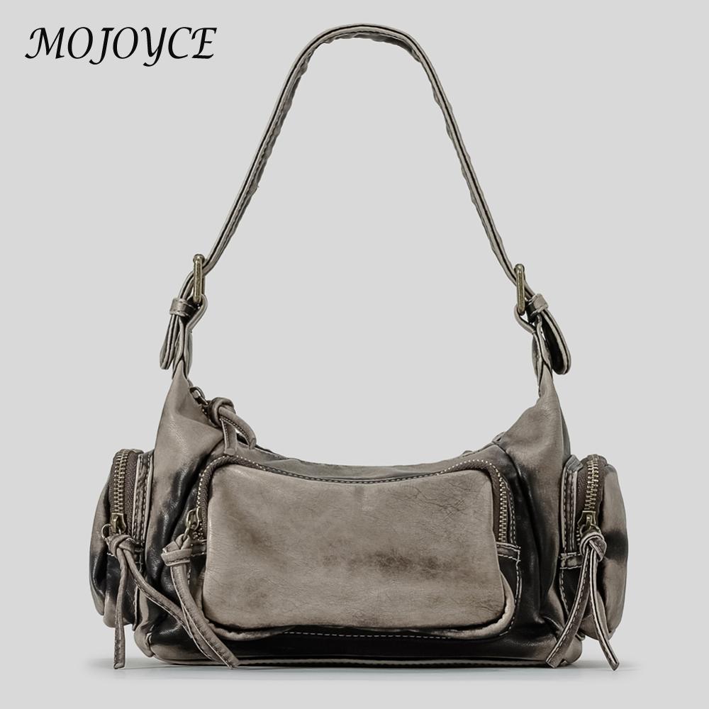 Women Y2K Underarm Bag Solid Color PU Locomotive Shoulder Bag Large Capacity Retro Tote Purse Multi-pockets for Party Vacation