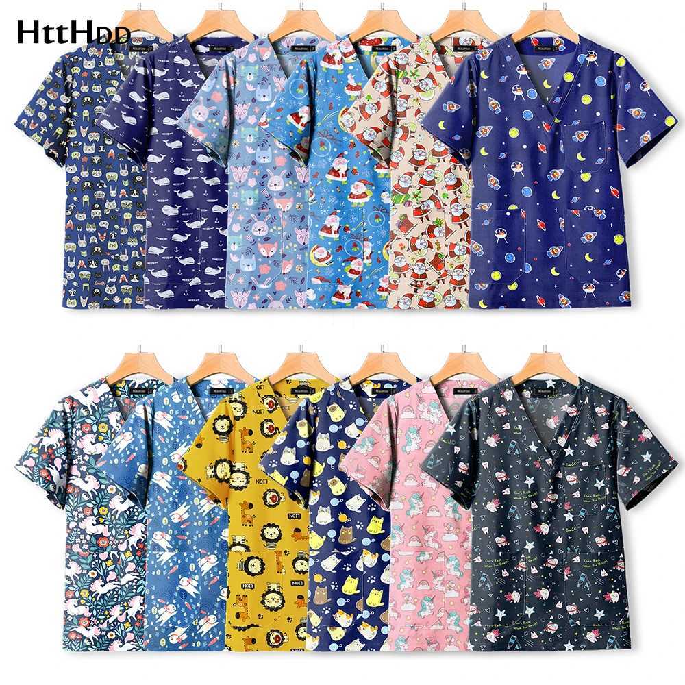 Printing Cartoons Surgical Gown Short-Slved T-shirt Cotton Operating Room Doctor Scrub Top Men Overalls Nursing Uniforms Women X250528