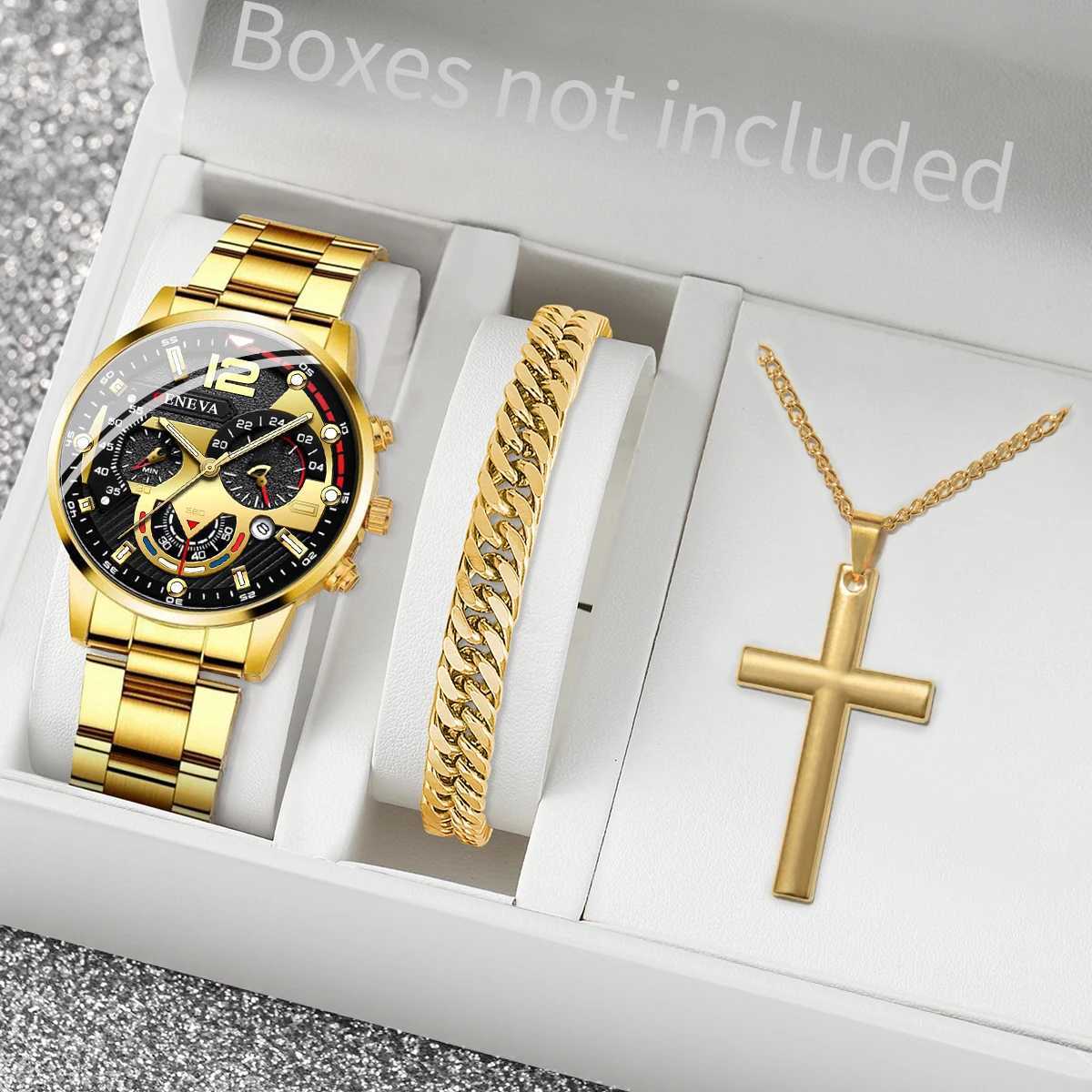 3PCS/Set Fashion Mens Watches Stainless Steel Band Analog Quartz Watch Calendar Watches Jewelry SetWithout Box XJ250527