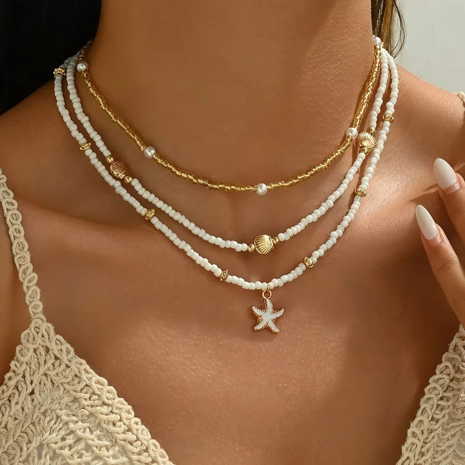 Bohemian Handmade Bead Stacked Choker Delicate Starfish Shell Pendant Necklace Womens Summer Beach Party Vacation Jewelry 250519