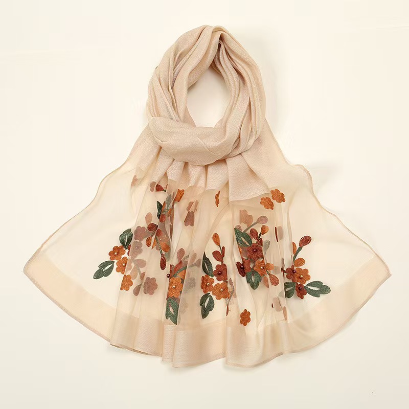 T824 new silk wool flower embroidery beaded scarf organza thin large shawl embroidered all-match long headscarf