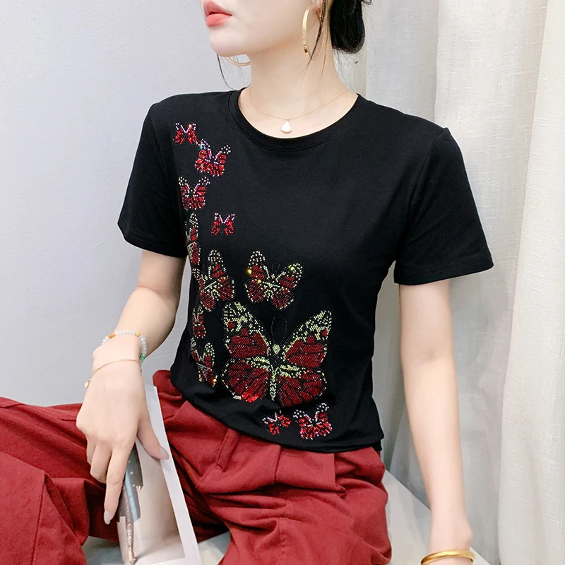 BlackSummerKoreanStyleCottonT-ShirtWomenFashionSexyButterflyShinyDiamondsTopsShort SleeveLooseTees53601 250527