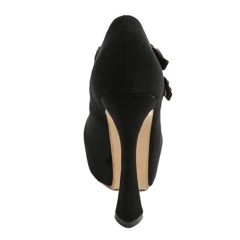 Liyke Fashion Chic Double Buckle Strap Women Platform Pumps Sexy Black Round Toe 13CM Super High Heels Party Club Stripper Shoes