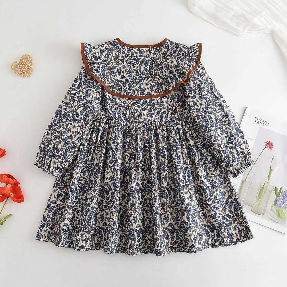 2023 New Autumn Spring New Girls Dress Fashion Cute Doll Neck Flower Print Dress Childrens Girls Long Sleeve Princess Dress X250528