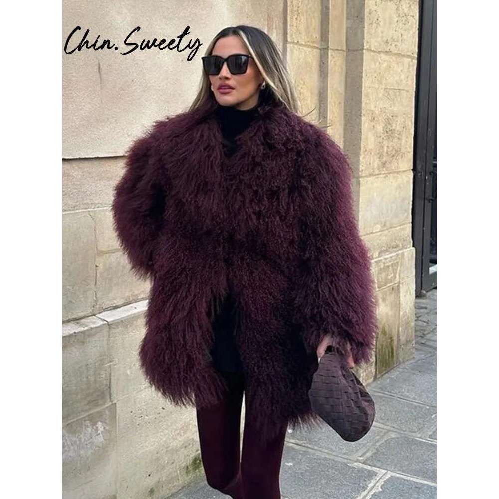 Bury Women Faux Fur Coat Casual Lapel Full Sleeve Female Plush Overcoat 2024 Autumn Winter Lady Chic Streetwear
