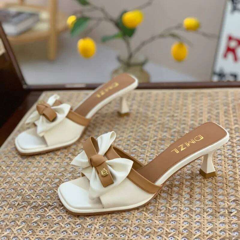 Wearing High Heeled Slippers for External Wear, Korean Fashion Sandals, Fashionable Bow Tie, Square Toe, Slim Heel Women's Shoes
