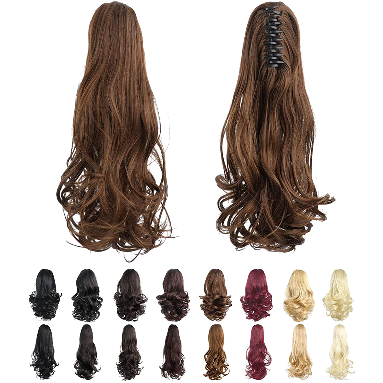 LeeWin Single Color Ponytail Extension Claw Clip in Curly Wavy Ponytail Hair Extensions Synthetic Hair Pieces for Women Pony Tail