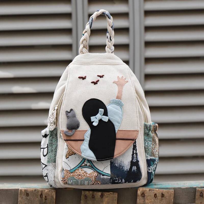 Fashion 3D National Embroidery Women High Quality Linen Female Daypack Lovely Girls Shopping Travel Backpack SAC