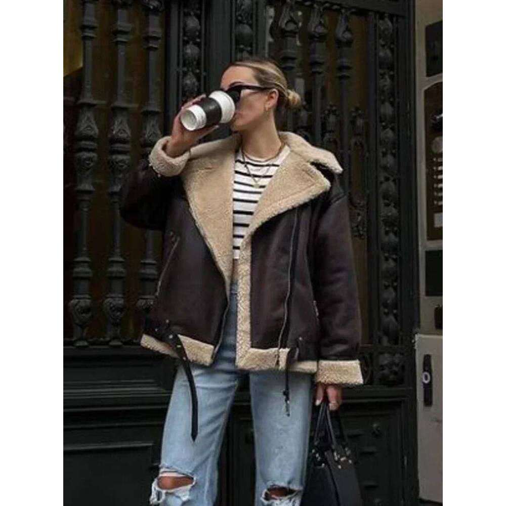 Suninheart Fashion Winter Warm Faux Fur Jacket Women Long Sleeve Moto Biker Zipper Jackets Coat Female Autumn Casual Lapel coat