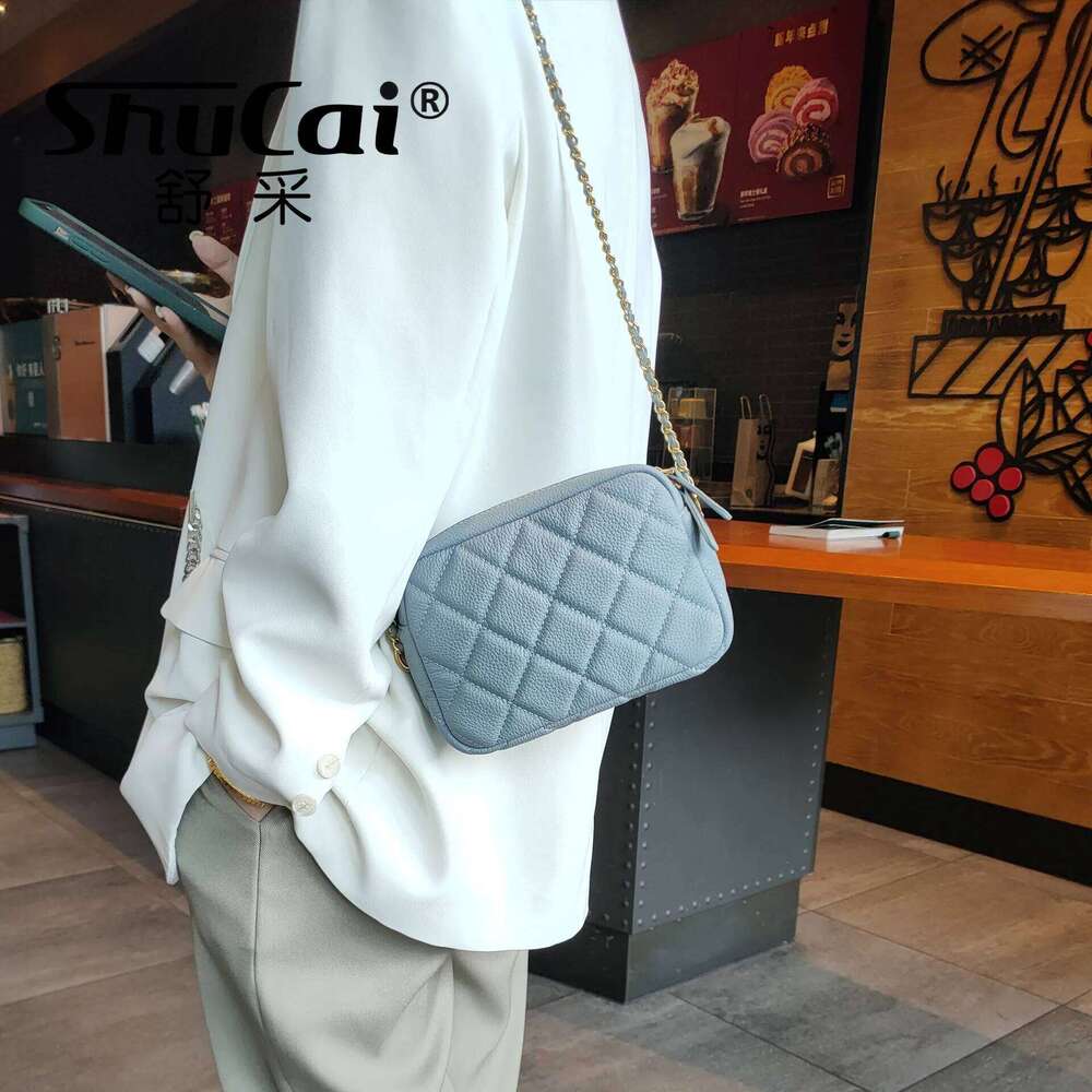 SHUCAI First Layer Cowhide Women's Rhombus Fashion Popular Chain Soft Shoulder Messenger Bag Casual TIde New