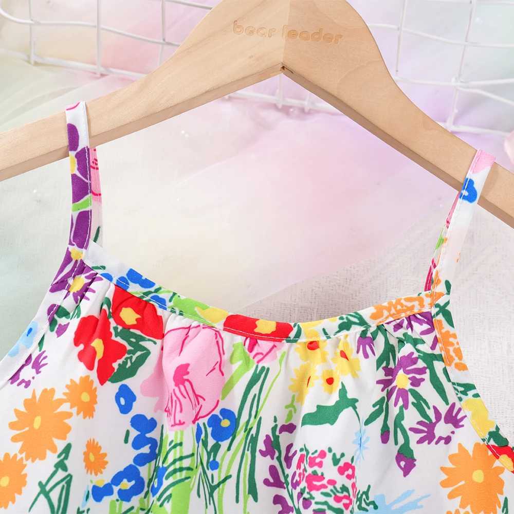 Bear Leader Childrens Wear 2023 Summer Girls Flower Print Sleeveless Strap Fashion Dress Girls Kids Beach Holiday Print Dress X250528